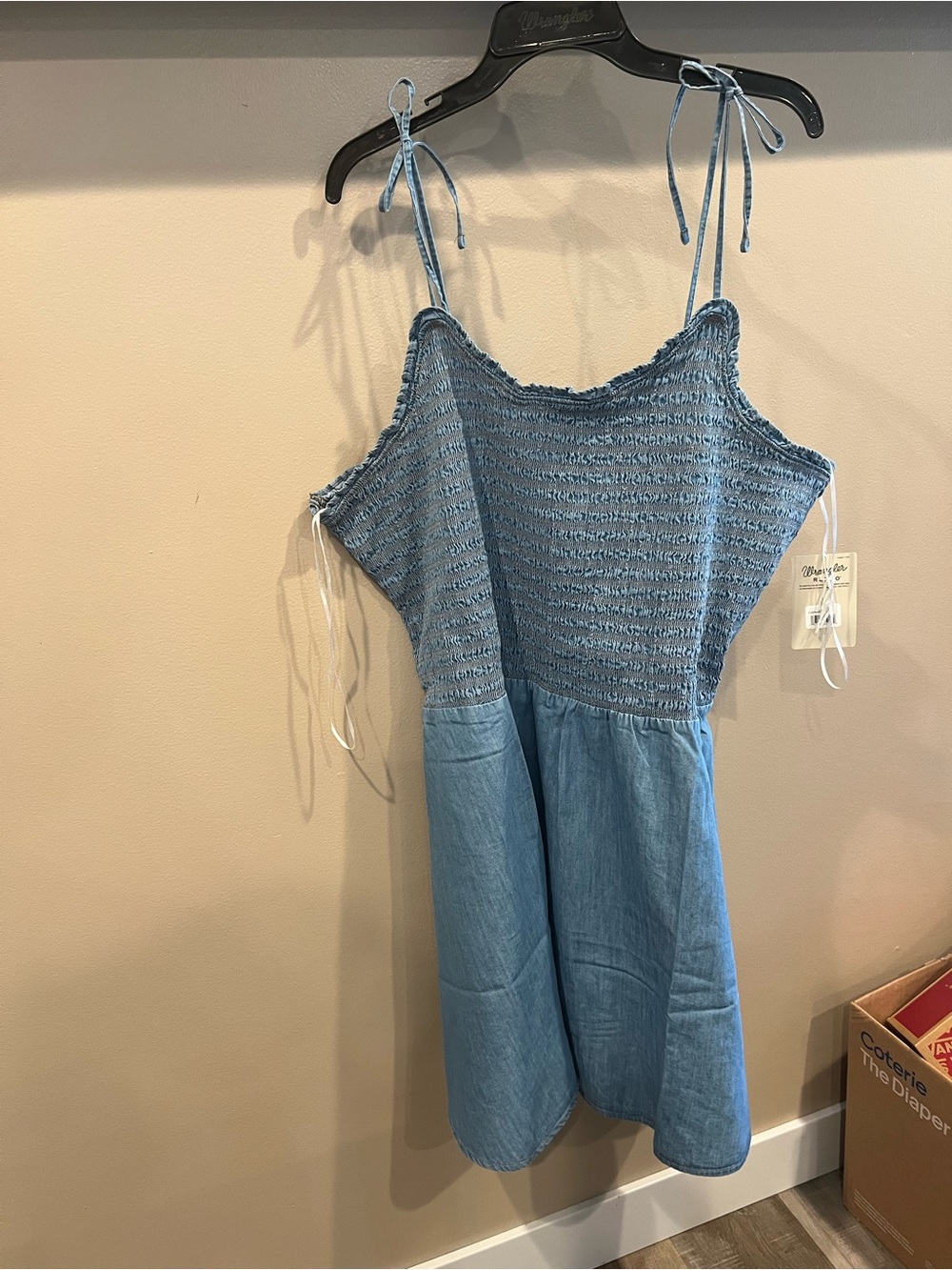 Wrangler Light Blue Smocked Tie-Shoulder Denim Romper